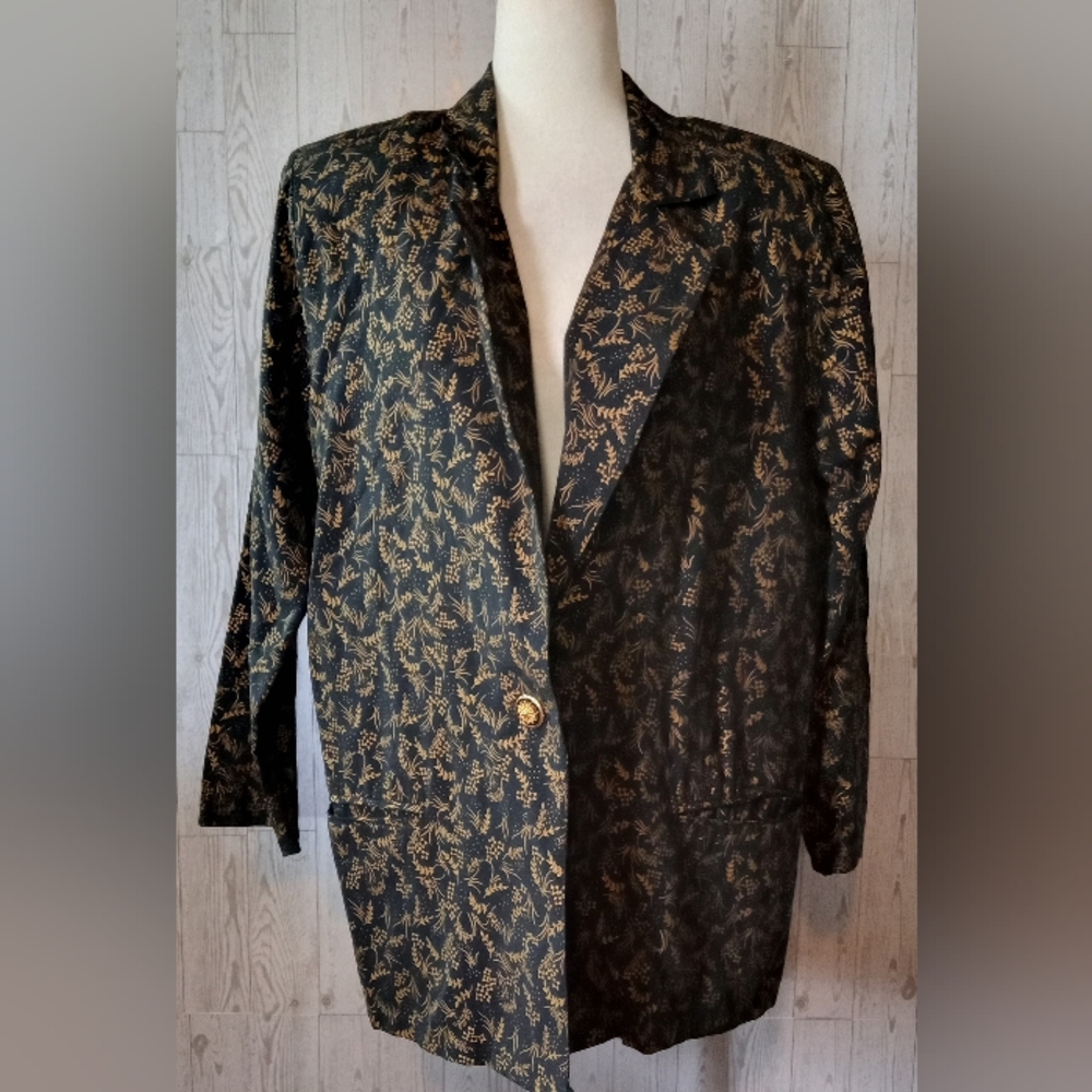 Michele Leslie Elegant Black and Gold Floral Print Blazer Women's Size 12/14